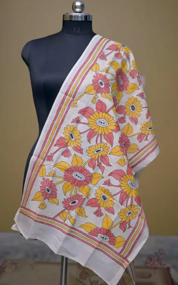 Off White on Yellow n Orange Bengal Kantha Embroidery Tussar Silk Handloom stole