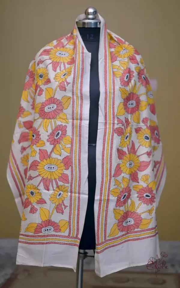 Off White on Yellow n Orange Bengal Kantha Embroidery Tussar Silk Handloom stole