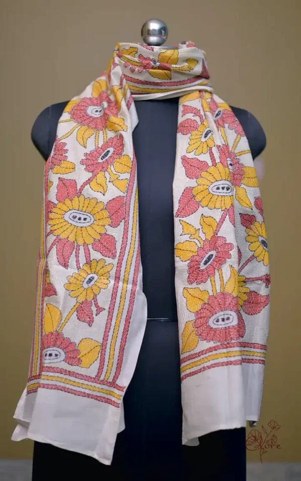 Off White on Yellow n Orange Bengal Kantha Embroidery Tussar Silk Handloom stole