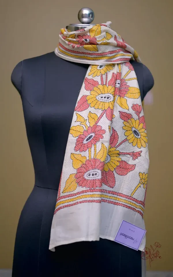 Off White on Yellow n Orange Bengal Kantha Embroidery Tussar Silk Handloom stole