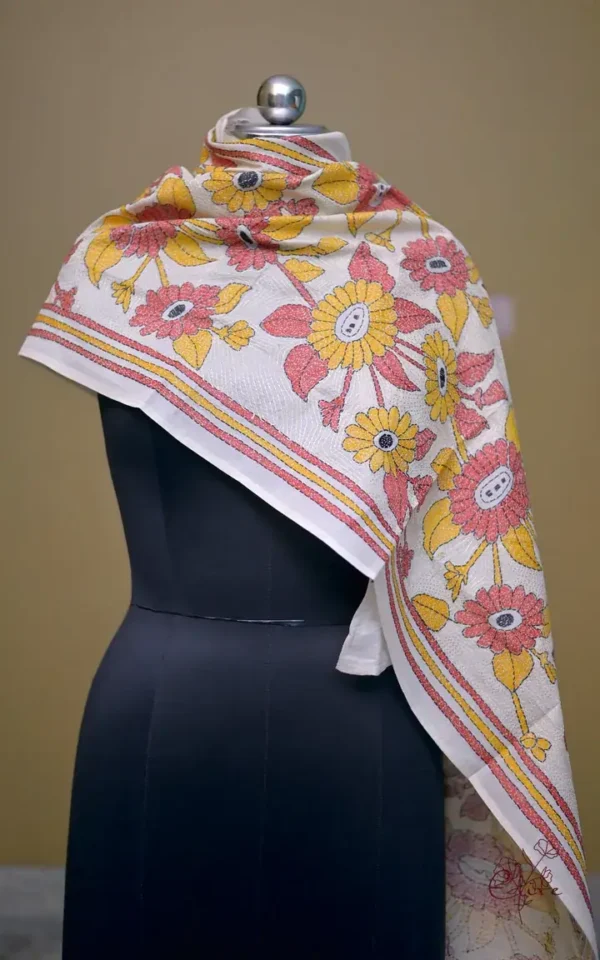 Off White on Yellow n Orange Bengal Kantha Embroidery Tussar Silk Handloom stole