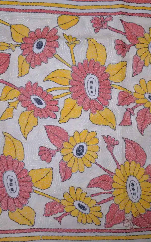 Off White on Yellow n Orange Bengal Kantha Embroidery Tussar Silk Handloom stole