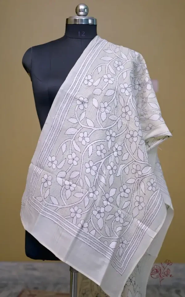 Off White on White Bengal Kantha Embroidery Tussar Silk Handloom stole