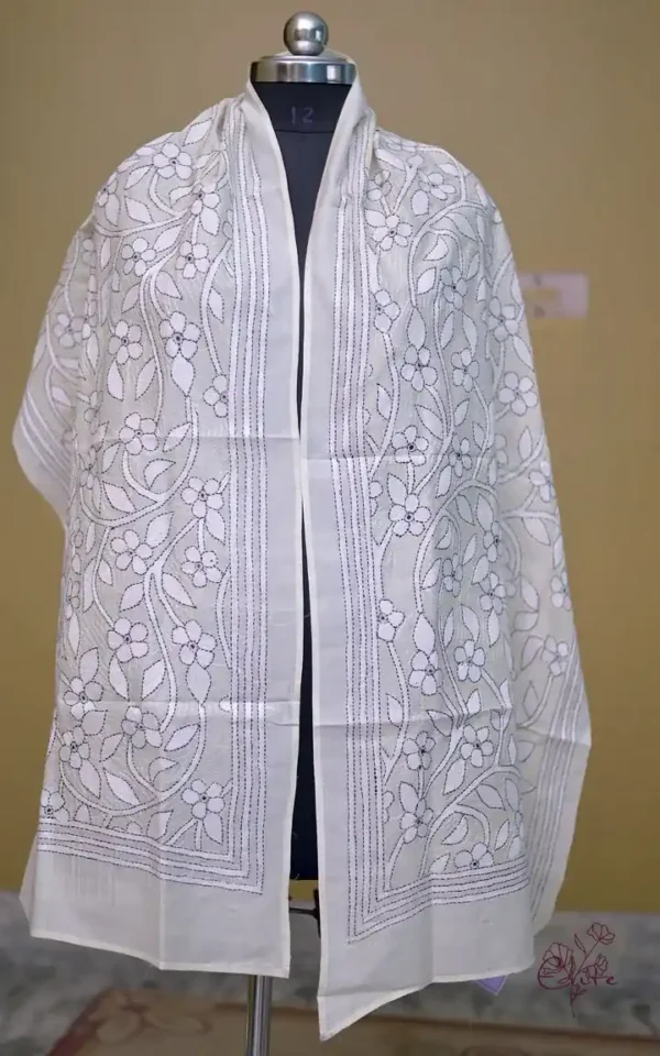 Off White on White Bengal Kantha Embroidery Tussar Silk Handloom stole