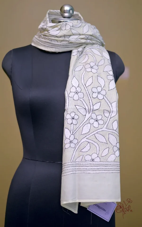 Off White on White Bengal Kantha Embroidery Tussar Silk Handloom stole