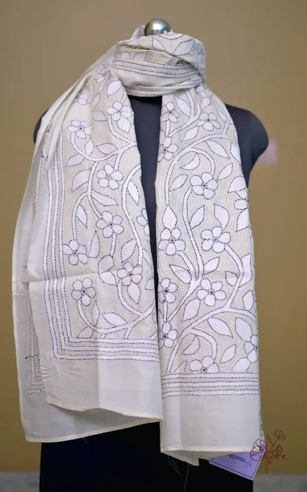 Off White on White Bengal Kantha Embroidery Tussar Silk Handloom stole