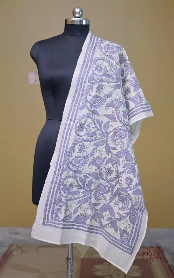 Off White on Grey Bengal Kantha Embroidery Tussar Silk Handloom stole