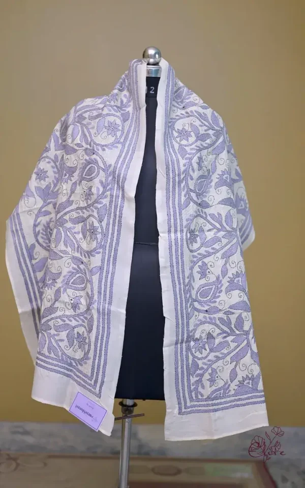 Off White on Grey Bengal Kantha Embroidery Tussar Silk Handloom stole