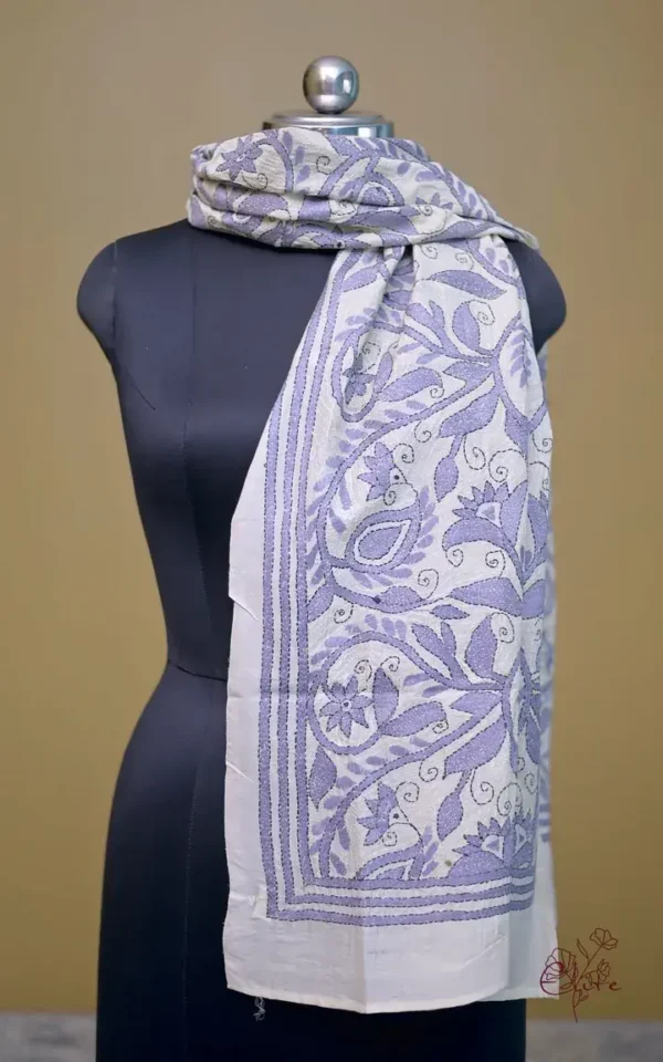 Off White on Grey Bengal Kantha Embroidery Tussar Silk Handloom stole