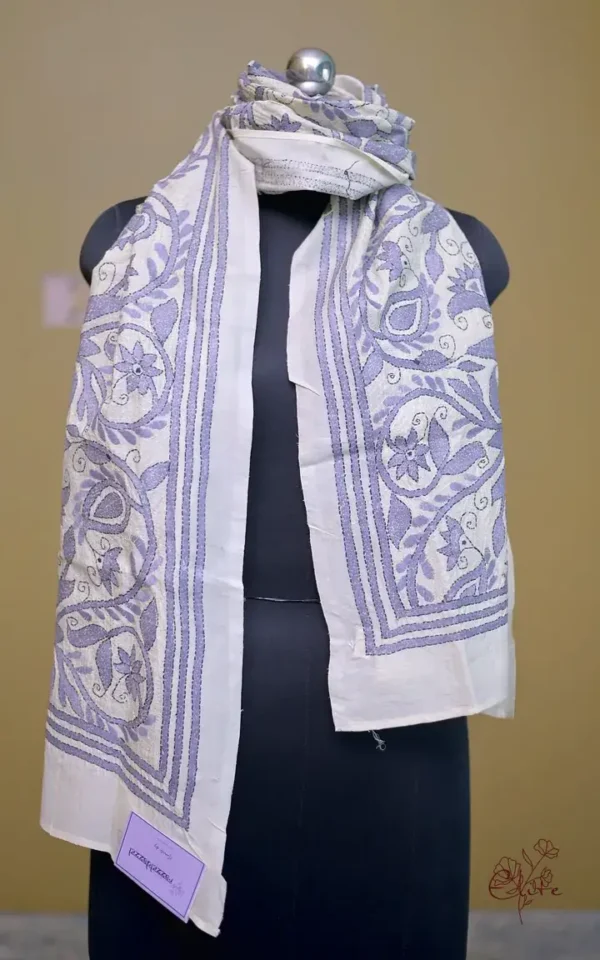 Off White on Grey Bengal Kantha Embroidery Tussar Silk Handloom stole