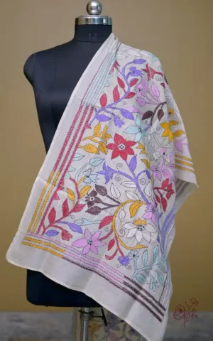 Off White on Multicolor Bengal Kantha Embroidery Tussar Silk Handloom stole