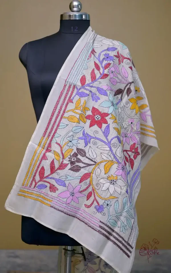 Off White on Multicolor Bengal Kantha Embroidery Tussar Silk Handloom stole