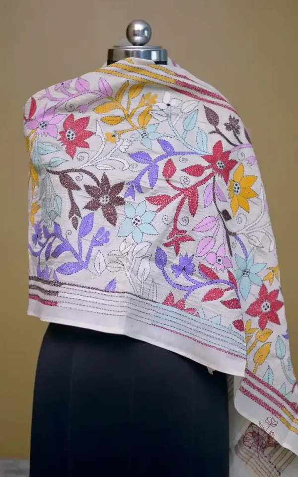 Off White on Multicolor Bengal Kantha Embroidery Tussar Silk Handloom stole