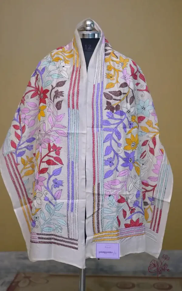 Off White on Multicolor Bengal Kantha Embroidery Tussar Silk Handloom stole