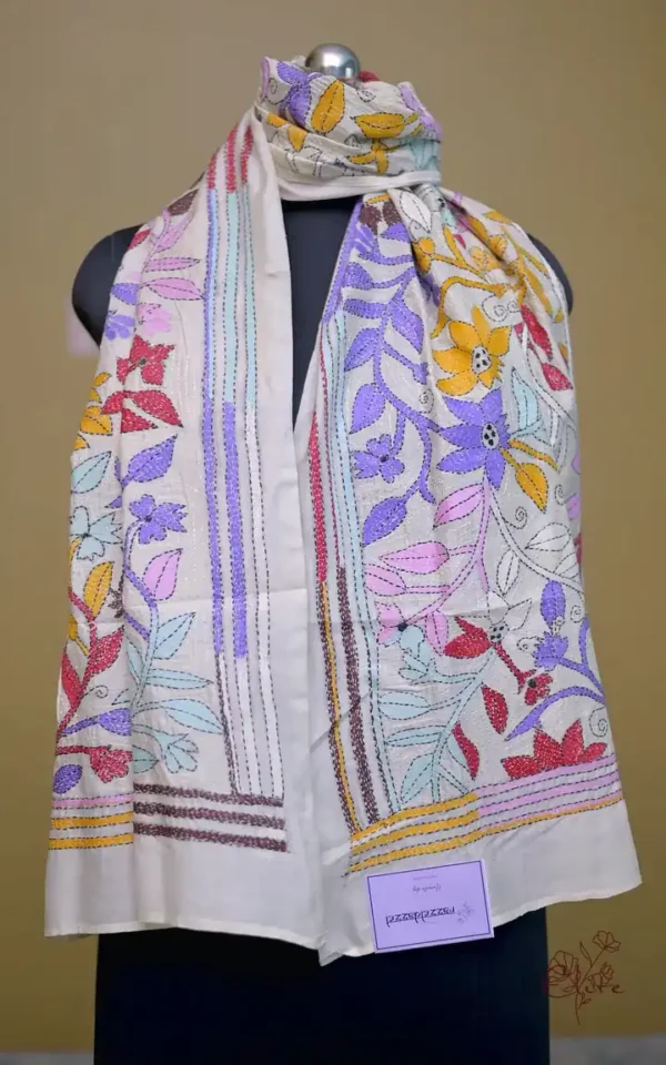 Off White on Multicolor Bengal Kantha Embroidery Tussar Silk Handloom stole