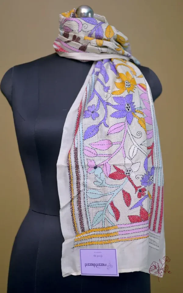 Off White on Multicolor Bengal Kantha Embroidery Tussar Silk Handloom stole