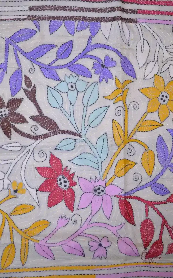 Off White on Multicolor Bengal Kantha Embroidery Tussar Silk Handloom stole