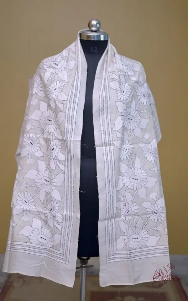 Off White on White Bengal Kantha Embroidery Tussar Silk Handloom stole