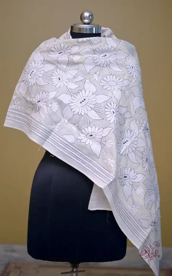 Off White on White Bengal Kantha Embroidery Tussar Silk Handloom stole