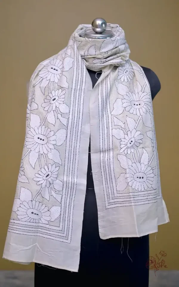 Off White on White Bengal Kantha Embroidery Tussar Silk Handloom stole