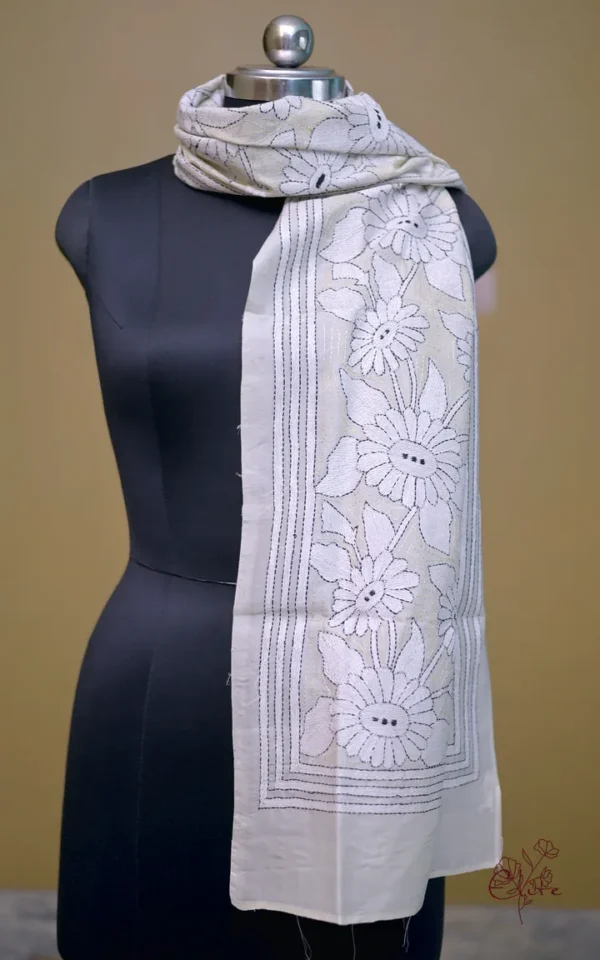 Off White on White Bengal Kantha Embroidery Tussar Silk Handloom stole