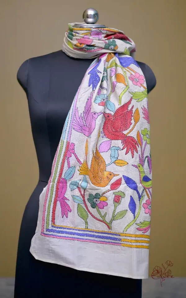 Off White on Multicolor Bird Bengal Kantha Embroidery Tussar Silk Handloom stole