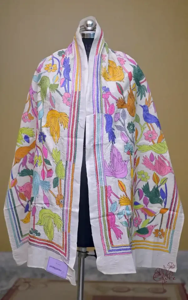 Off White on Multicolor Bird Bengal Kantha Embroidery Tussar Silk Handloom stole