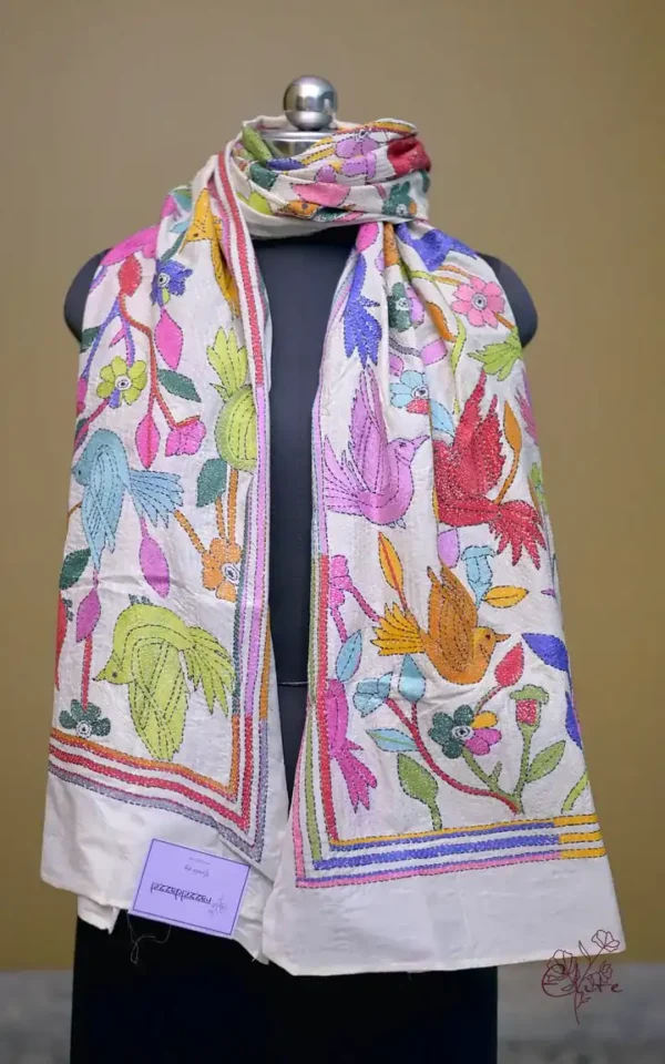 Off White on Multicolor Bird Bengal Kantha Embroidery Tussar Silk Handloom stole
