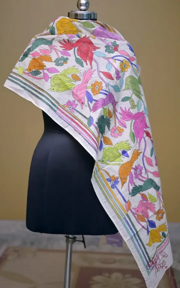 Off White on Multicolor Bird Bengal Kantha Embroidery Tussar Silk Handloom stole