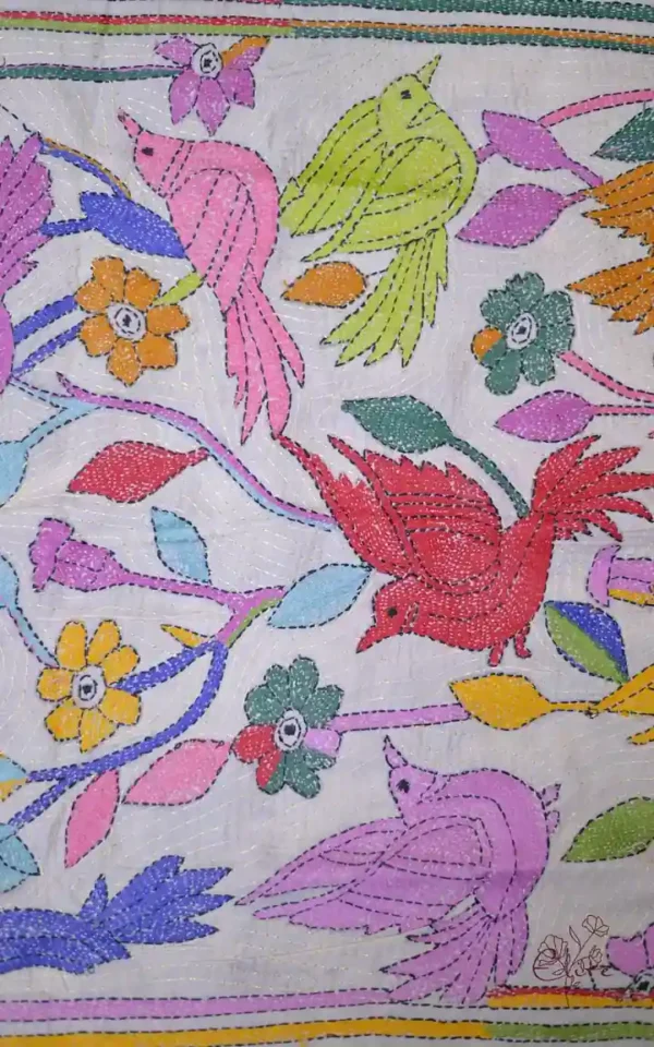 Off White on Multicolor Bird Bengal Kantha Embroidery Tussar Silk Handloom stole