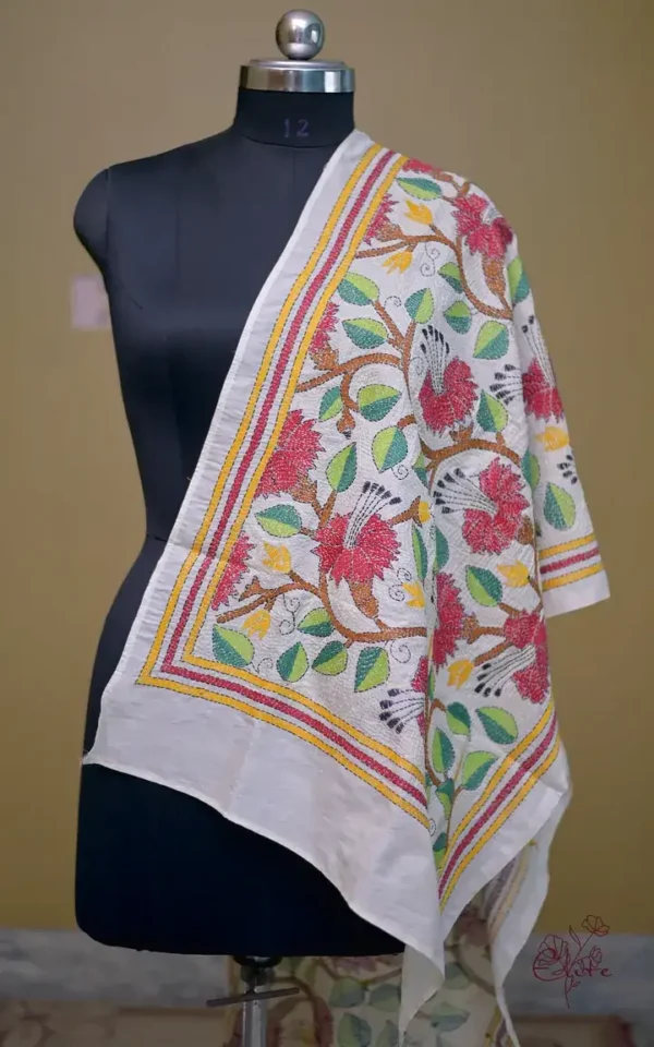 Off White on Multicolor Bengal Kantha Embroidery Tussar Silk Handloom stole