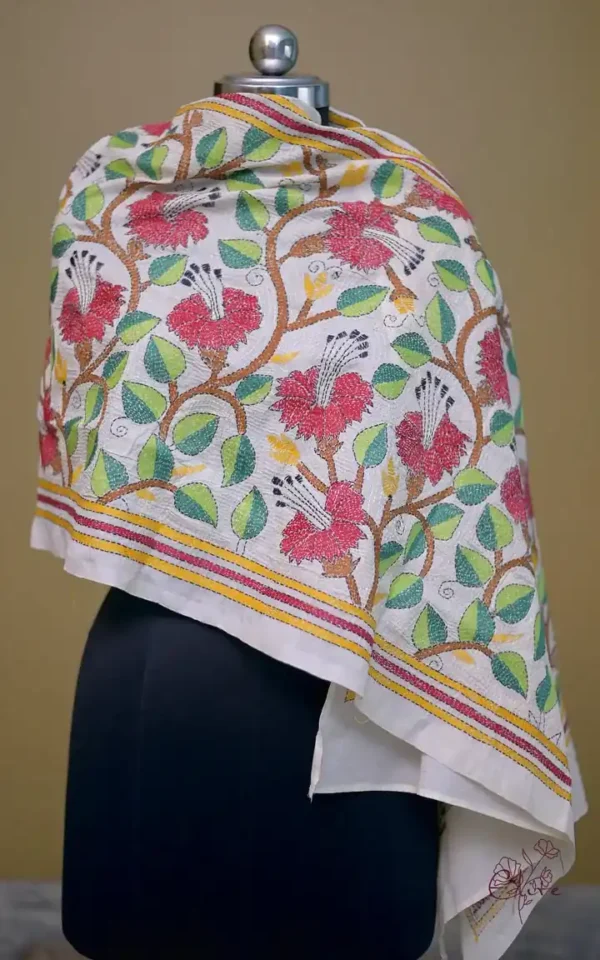 Off White on Multicolor Bengal Kantha Embroidery Tussar Silk Handloom stole