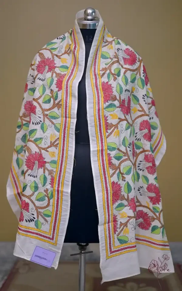 Off White on Multicolor Bengal Kantha Embroidery Tussar Silk Handloom stole