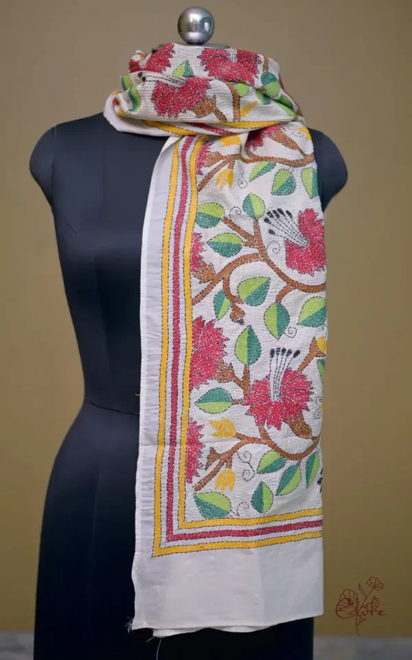 Off White on Multicolor Bengal Kantha Embroidery Tussar Silk Handloom stole
