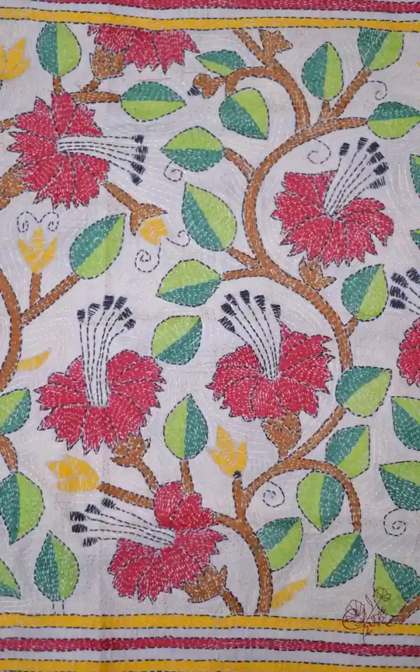 Off White on Multicolor Bengal Kantha Embroidery Tussar Silk Handloom stole