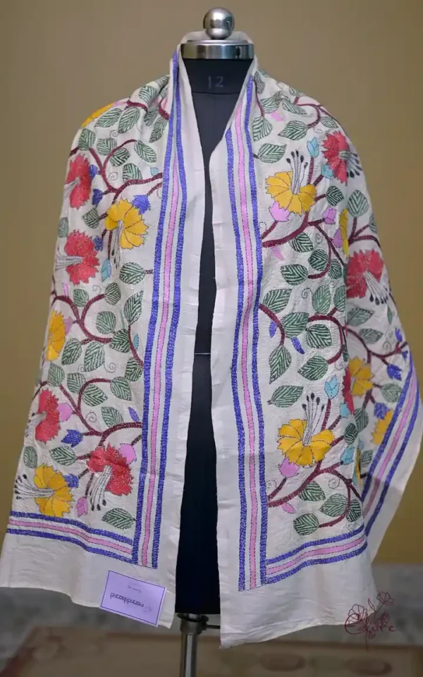Off White on Multicolor Bengal Kantha Embroidery Tussar Silk Handloom stole