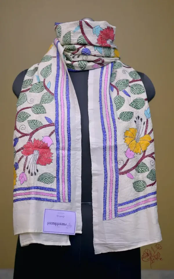 Off White on Multicolor Bengal Kantha Embroidery Tussar Silk Handloom stole