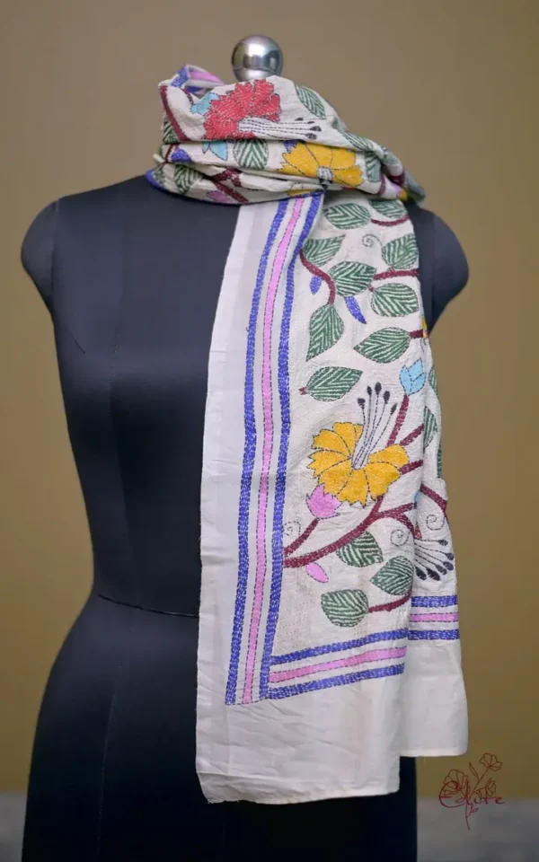 Off White on Multicolor Bengal Kantha Embroidery Tussar Silk Handloom stole
