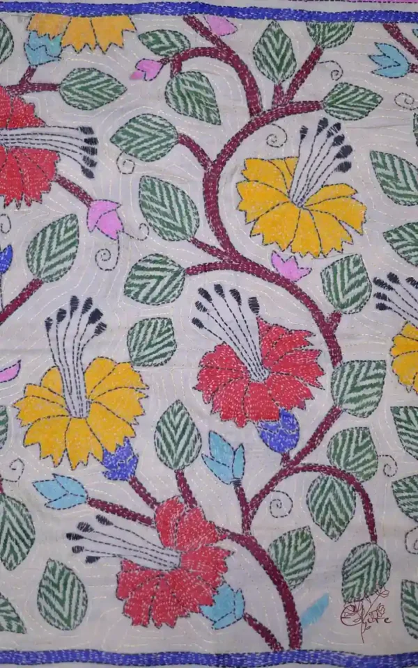 Off White on Multicolor Bengal Kantha Embroidery Tussar Silk Handloom stole