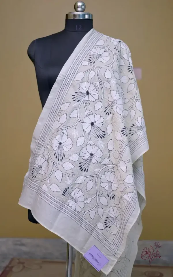 Off White on White n Black Bengal Kantha Embroidery Tussar Silk Handloom stole