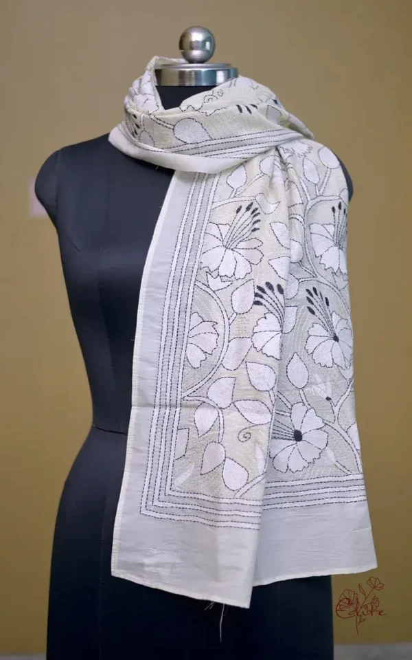 Off White on White n Black Bengal Kantha Embroidery Tussar Silk Handloom stole