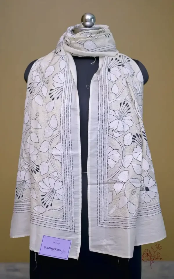 Off White on White n Black Bengal Kantha Embroidery Tussar Silk Handloom stole
