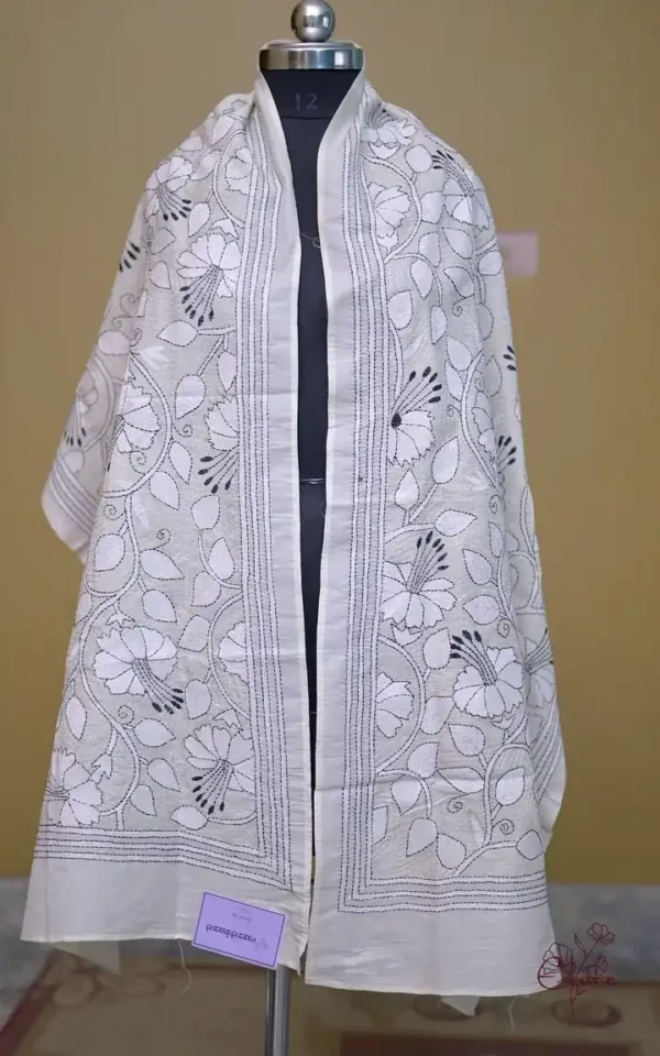 Off White on White n Black Bengal Kantha Embroidery Tussar Silk Handloom stole