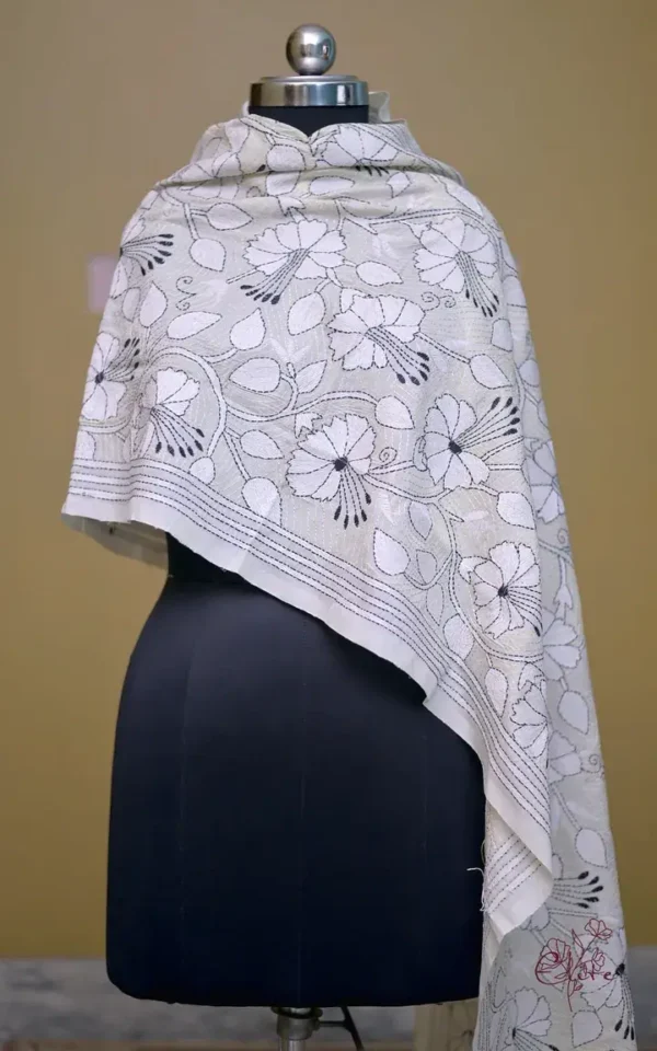 Off White on White n Black Bengal Kantha Embroidery Tussar Silk Handloom stole