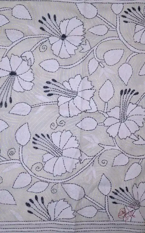 Off White on White n Black Bengal Kantha Embroidery Tussar Silk Handloom stole