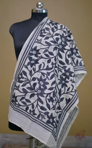 Off White on Black Bengal Kantha Embroidery Tussar Silk Handloom stole
