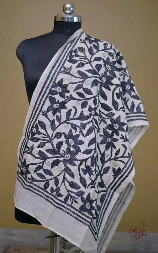 Off White on Black Bengal Kantha Embroidery Tussar Silk Handloom stole