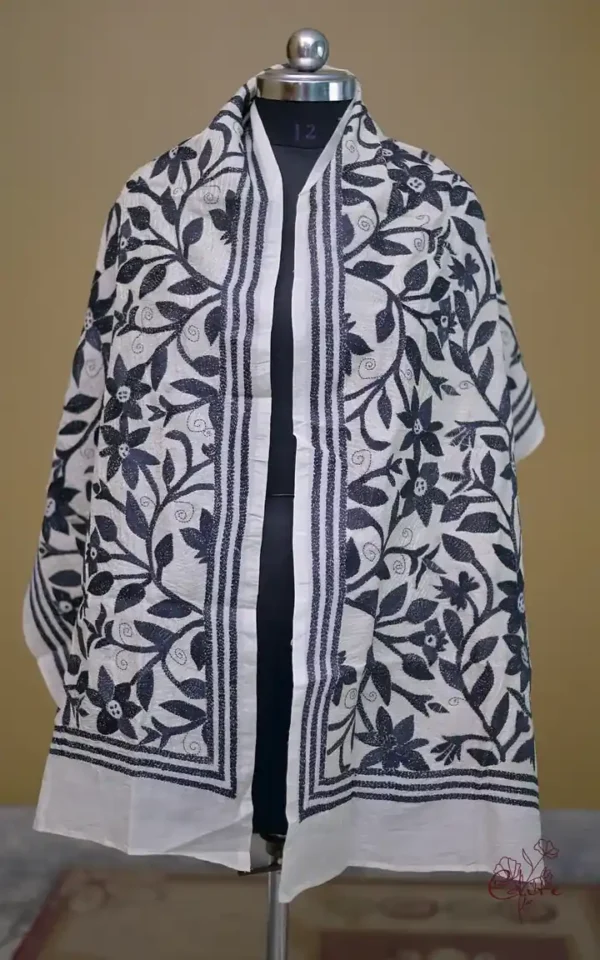 Off White on Black Bengal Kantha Embroidery Tussar Silk Handloom stole
