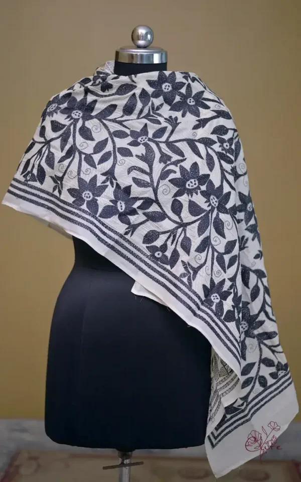 Off White on Black Bengal Kantha Embroidery Tussar Silk Handloom stole