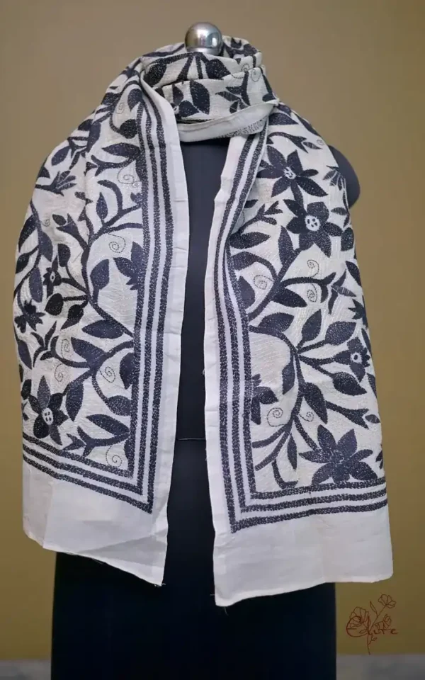 Off White on Black Bengal Kantha Embroidery Tussar Silk Handloom stole